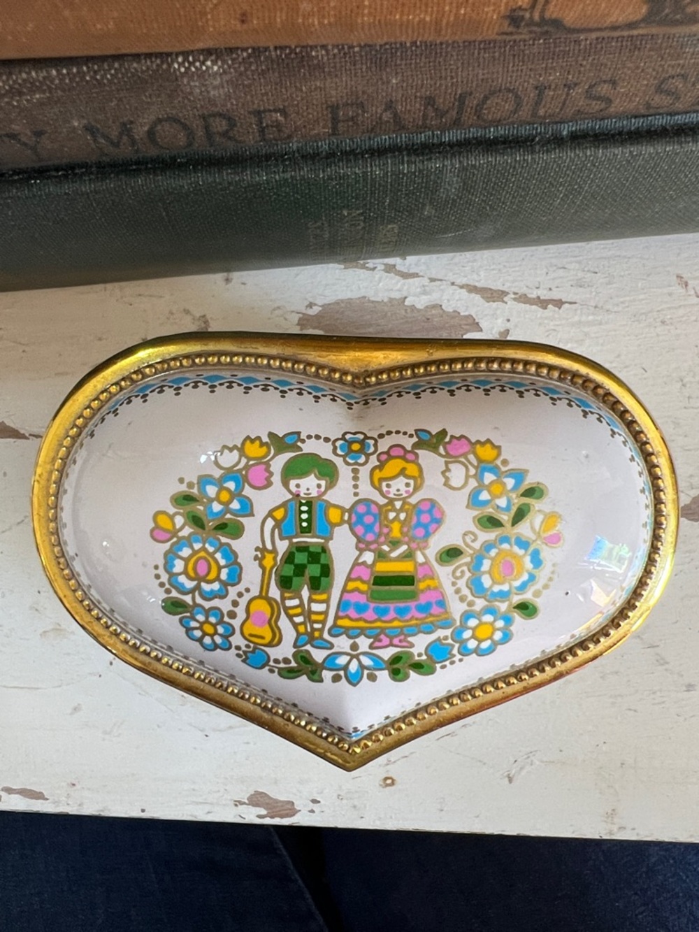 Vintage Heart-Shaped Floral Trinket Box with Cute Folk Couple signed Japan